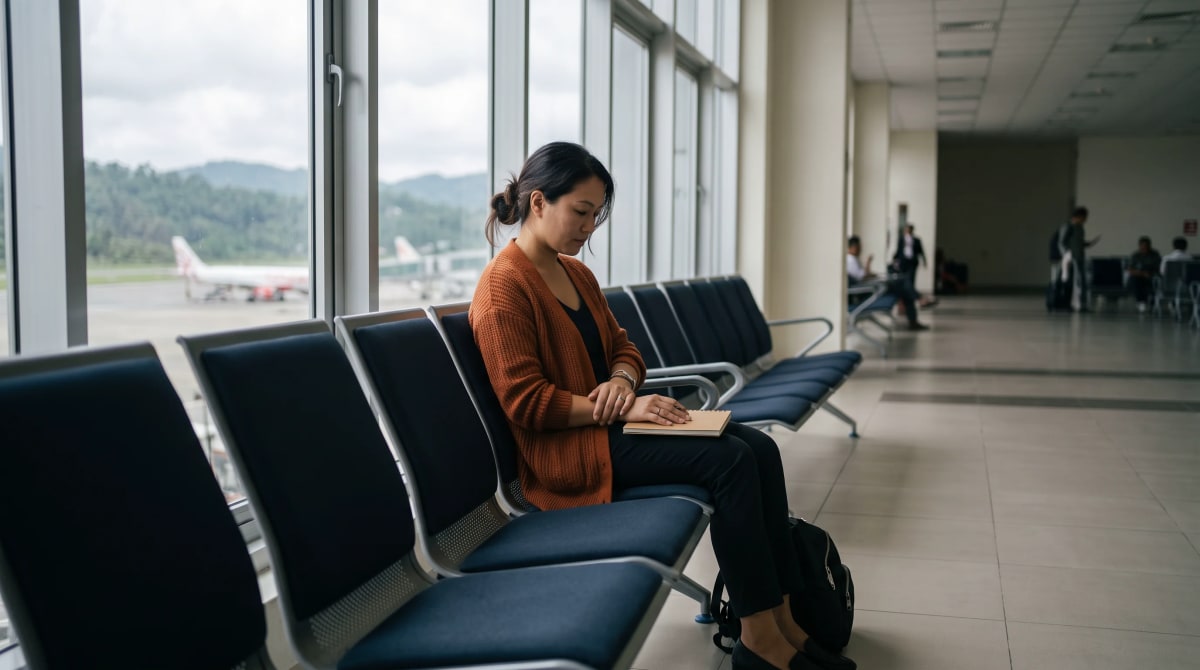 Traveler seated by a terminal window with a closed notebook on their lap in soft daylight