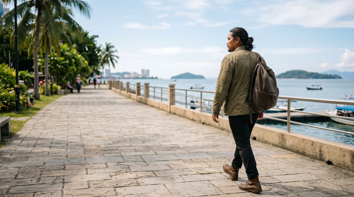 Man in an olive jacket with a closed backpack walking away along a quiet waterfront promenade in bright late morning sun