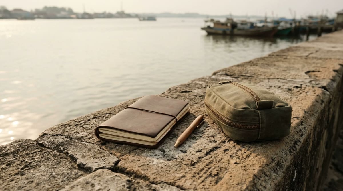 Closed notebook, a plain pen and a small canvas bag on a low harbor wall, calm water behind in warm afternoon haze