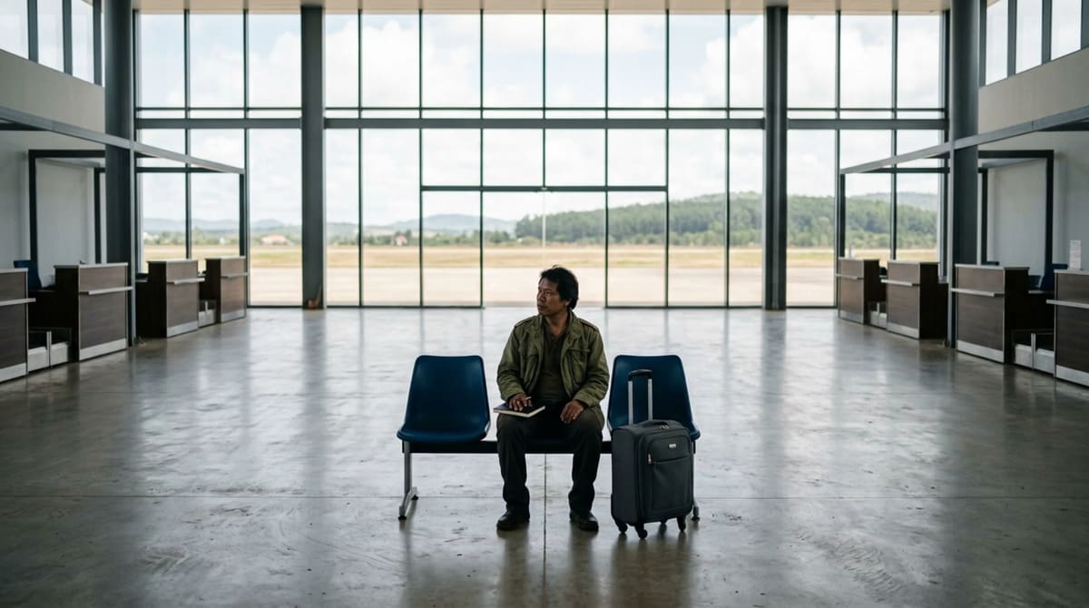 Man in an olive jacket seated facing the glass wall of an empty airport rental car counter hall, small carry-on by his chair