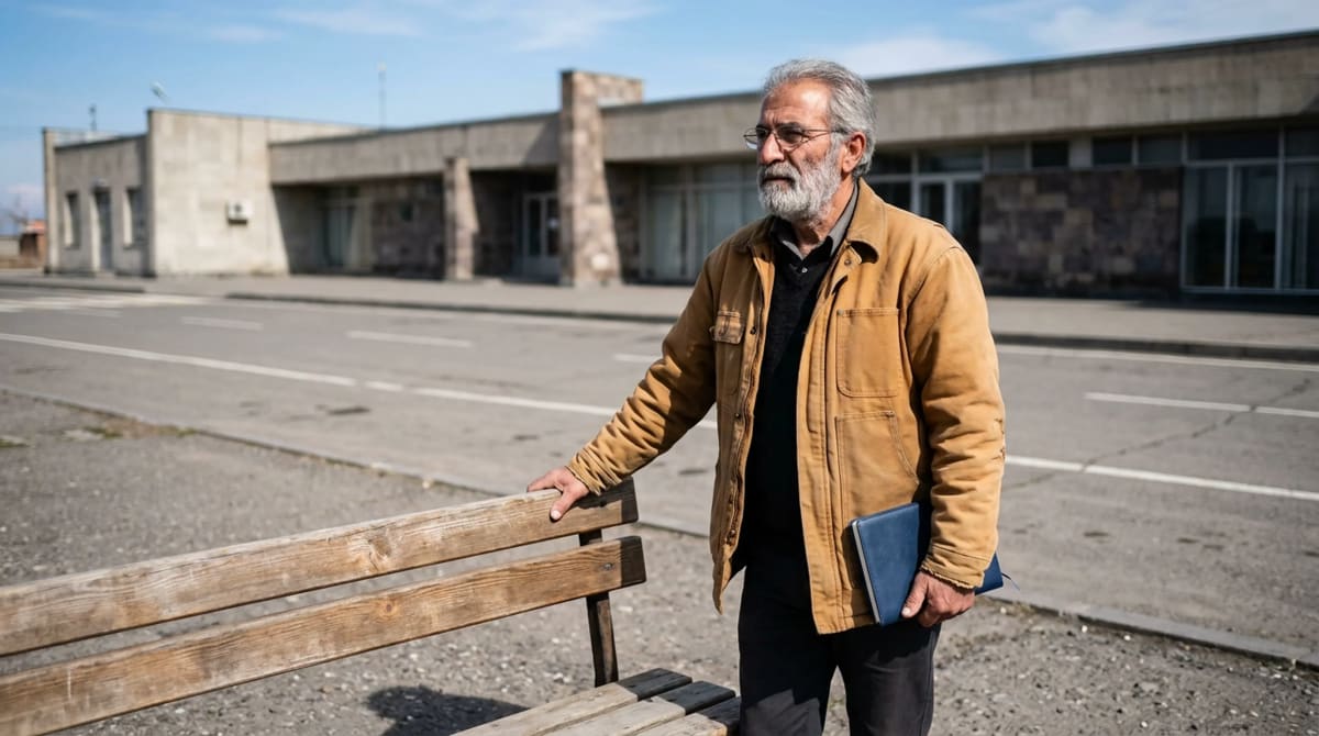 Man in a camel jacket by a wooden bench at an uncrowded airport curb, hand on the backrest, closed notebook in the other