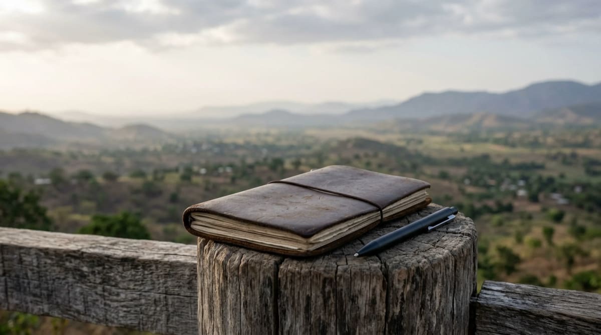 Closed notebook and a plain pen on a weathered wooden fence post at a roadside overlook, wide valley soft behind