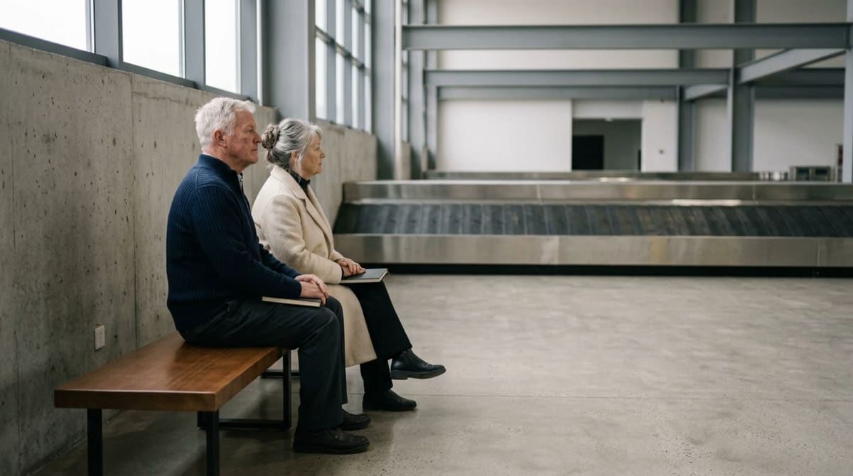 Man and woman in their 60s seated side by side on a long bench in an airport baggage claim hall, each with a closed notebook