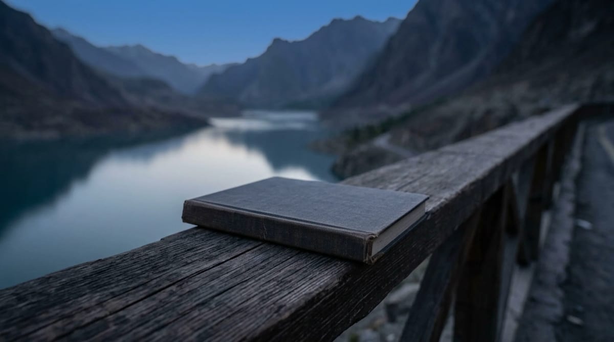 Closed notebook lying face-down on a wooden viewing rail at a roadside overlook above calm water in evening light