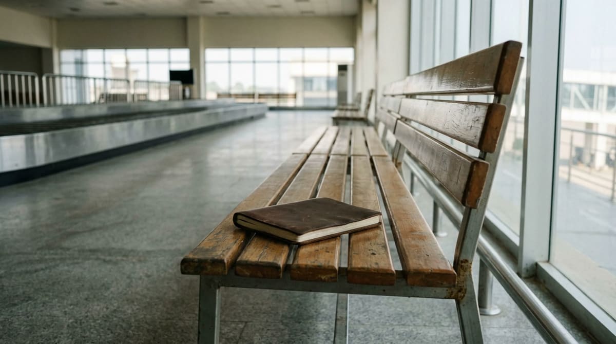 Closed notebook on an empty bench along the window wall of a baggage claim hall, stopped belt far behind