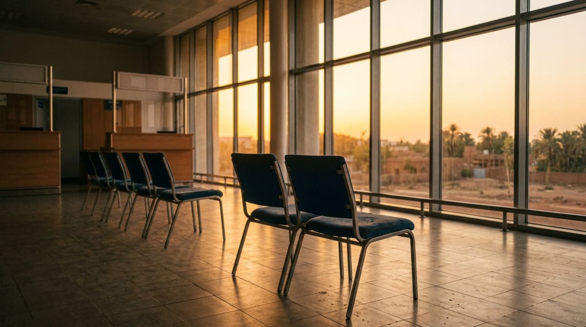 Two empty chairs facing the glass wall of a quiet rental car counter hall at sunset