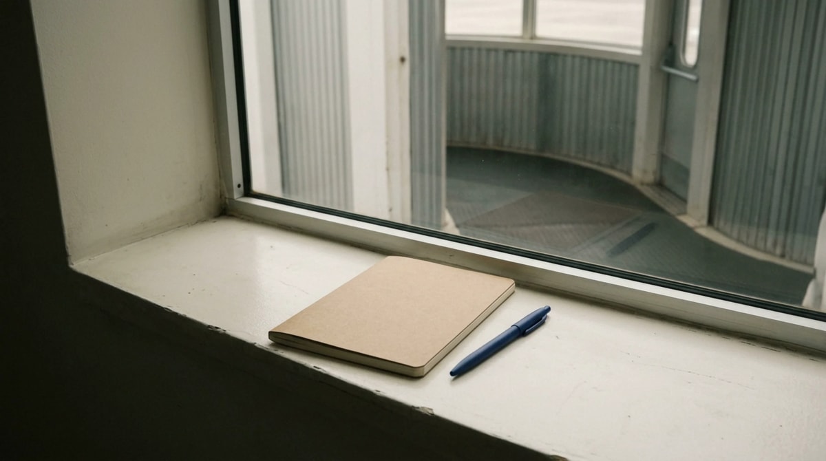 Closed notebook and a pen side by side on the wide pale sill of a tall window in an empty jet bridge bay