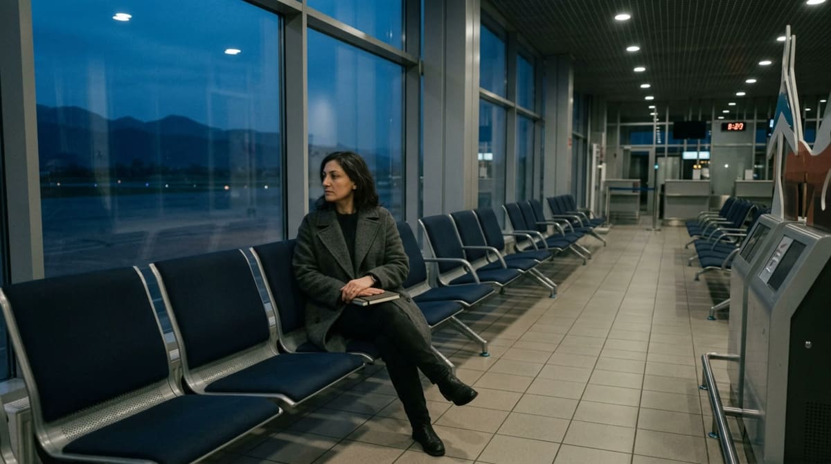 Traveler seated beside a quiet window at dusk with a closed notebook