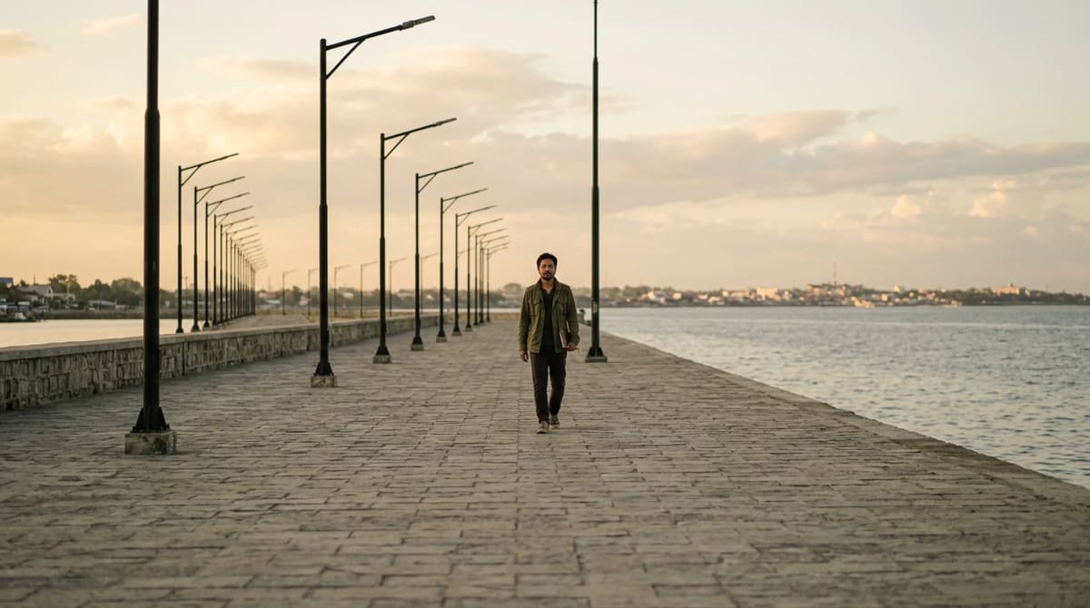 Traveler walking along a quiet waterfront carrying a closed notebook
