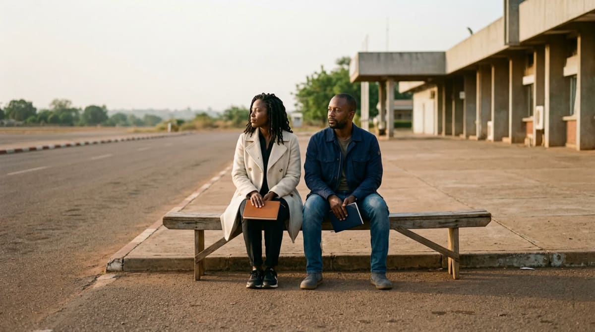 Two friends seated side by side on a wooden bench at an uncrowded airport curb, each with a closed notebook on their knee