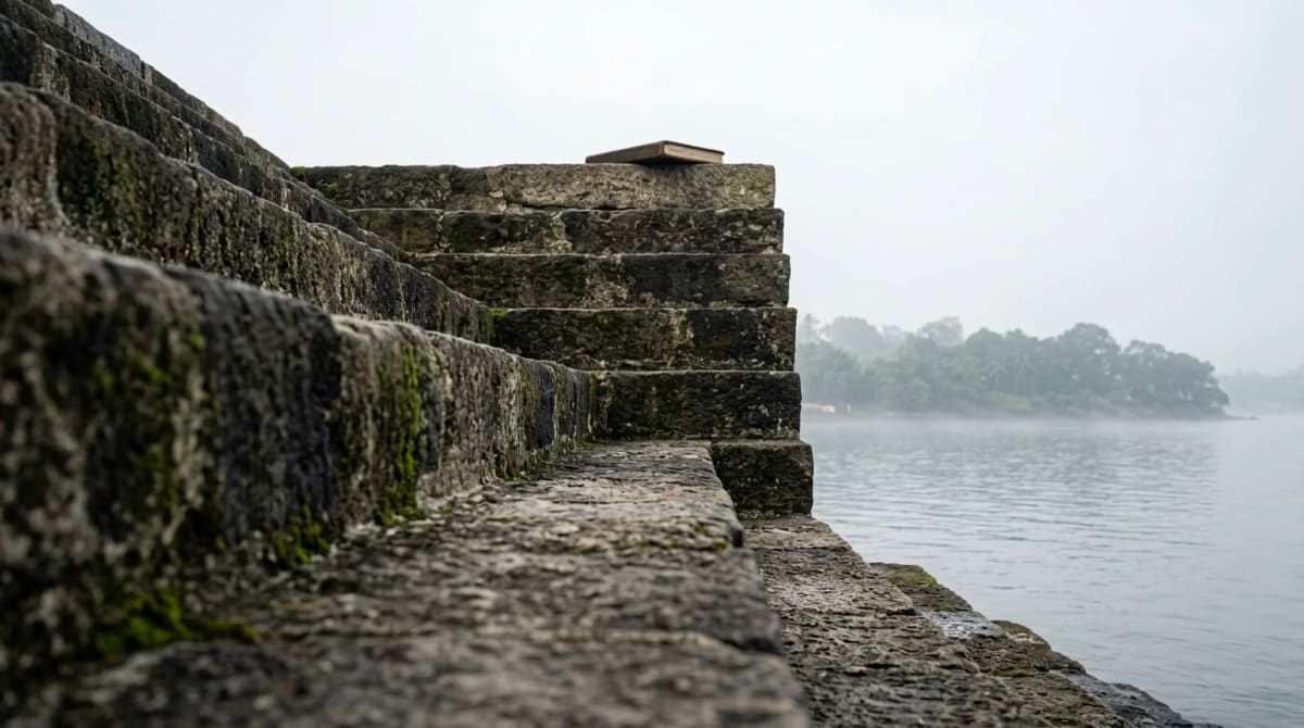 Closed notebook on the top step of worn stone steps leading down to calm water on a waterfront promenade, morning mist