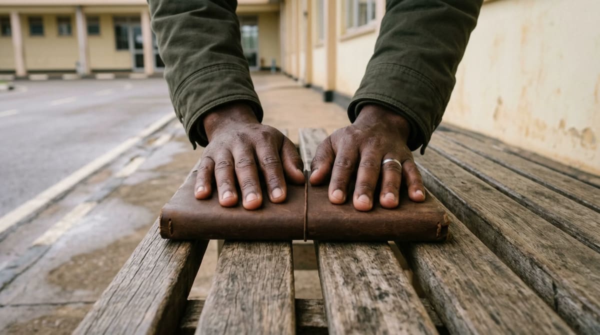 Two hands in olive jacket cuffs resting on a closed notebook on a wooden bench at an uncrowded airport curb