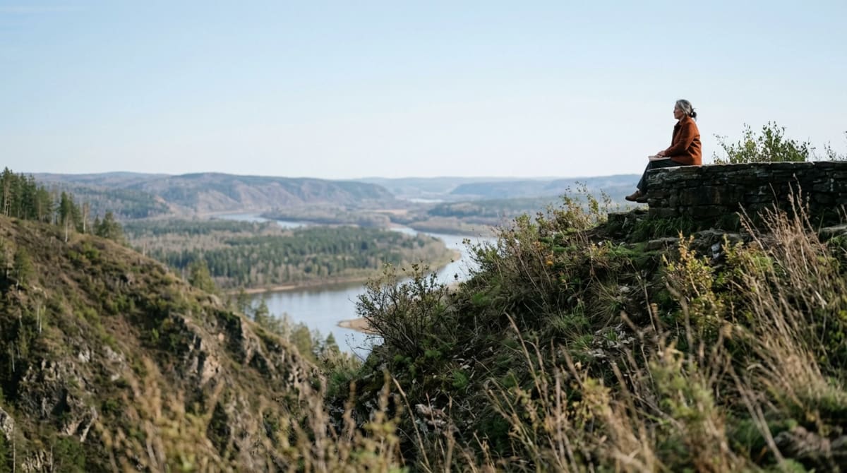 Woman in a rust jacket seated on a low stone wall at a roadside overlook, closed notebook on her knees, looking over a valley