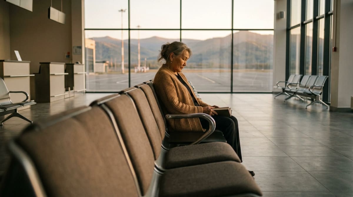Woman in a camel cardigan seated at the end of a chair row facing the glass wall of an empty airport rental car counter hall