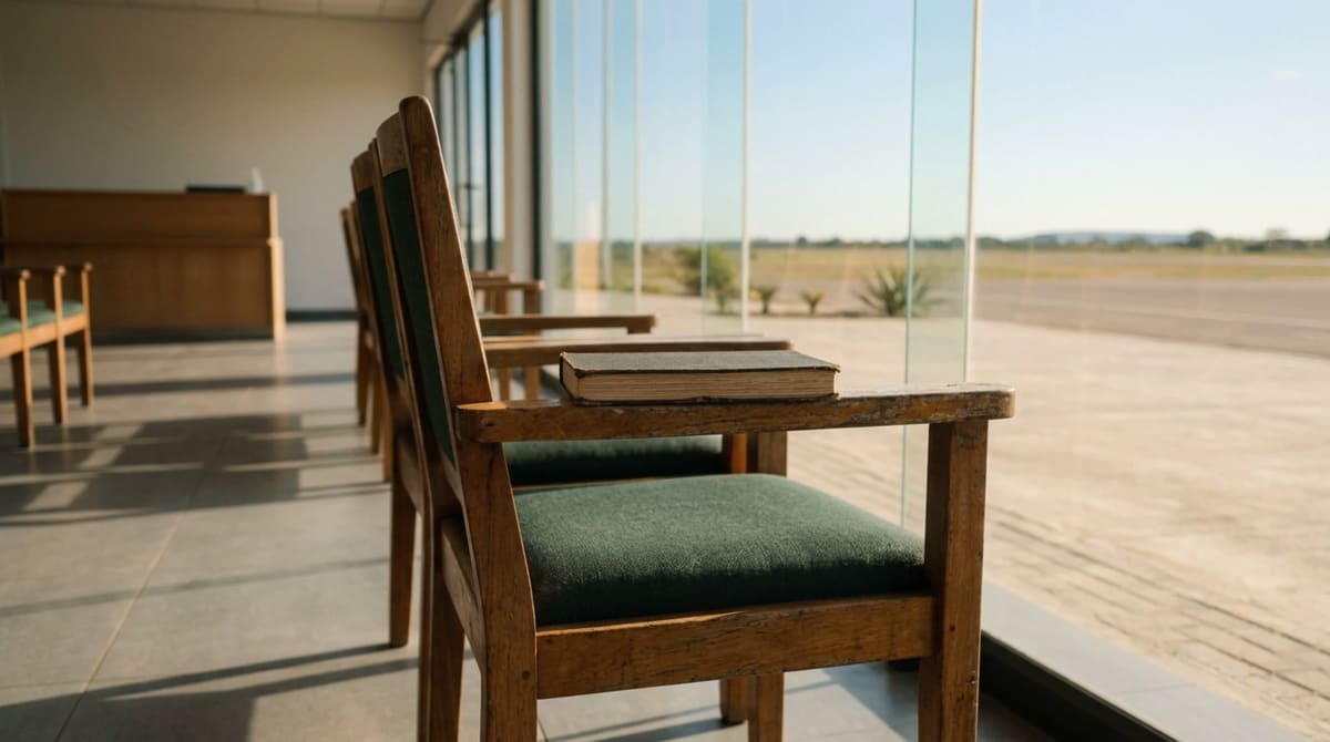 Closed notebook on the arm of an empty chair in a row facing the glass wall of an airport rental car counter hall