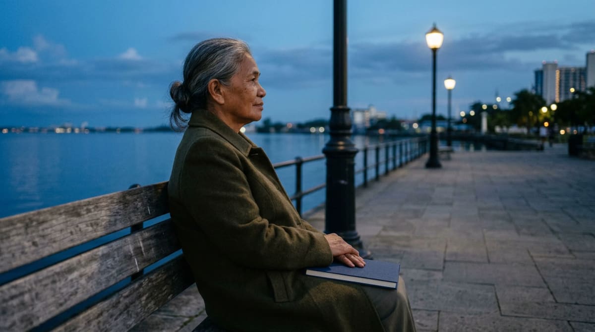 Woman in an olive coat seated alone on a waterfront promenade bench at dusk, closed notebook on her lap, looking at the water