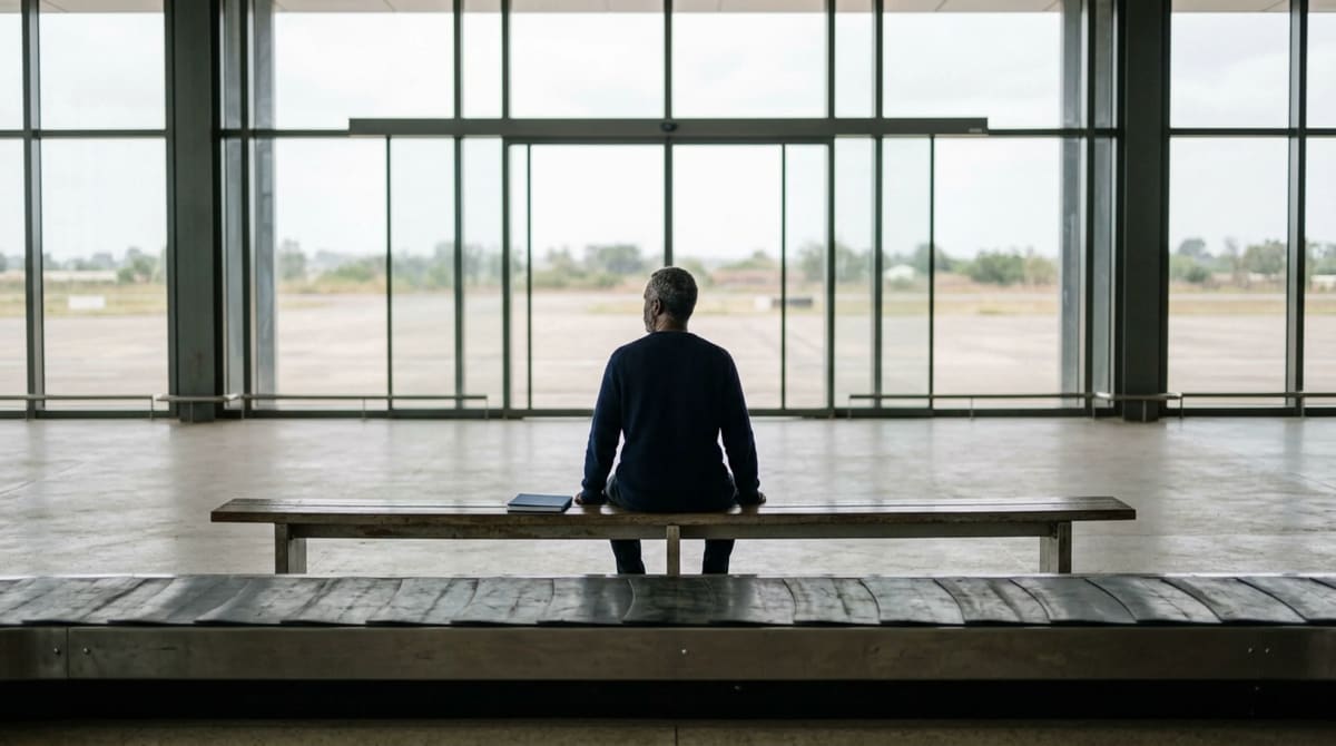 Man in a navy sweater on a long bench in an airport baggage claim hall facing the window wall, closed notebook on his knee