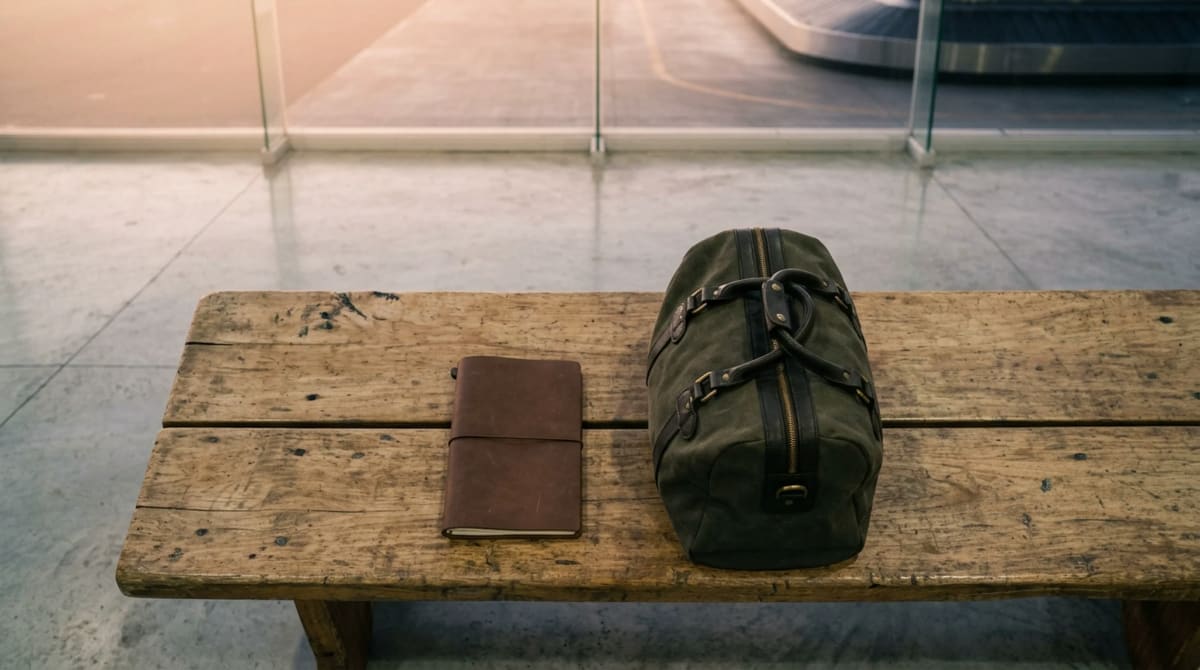 Closed notebook and a small closed overnight bag on a wooden bench by the window wall of an empty airport baggage claim hall