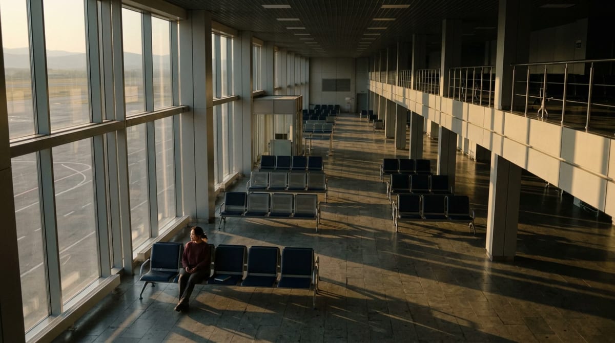 Woman in a burgundy sweater seated in a sparse airport gate row facing a tall window, closed notebook on the chair arm
