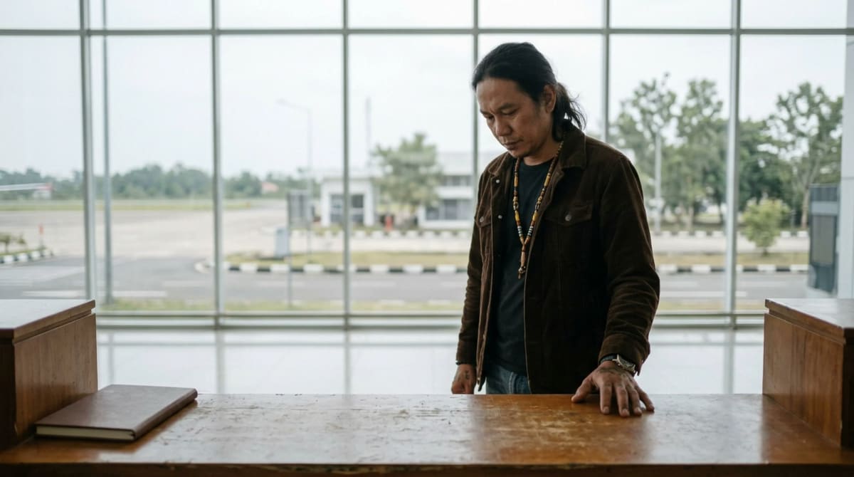 Man in a brown corduroy jacket at an empty airport rental car counter, head bowed, closed notebook on the counter-top
