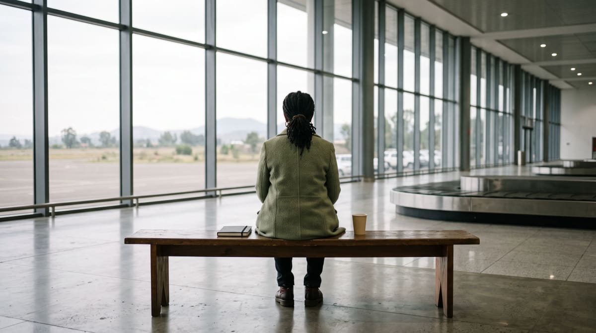 Woman in a sage coat on a long bench facing a baggage claim window, notebook and an extra coffee cup beside her, from behind