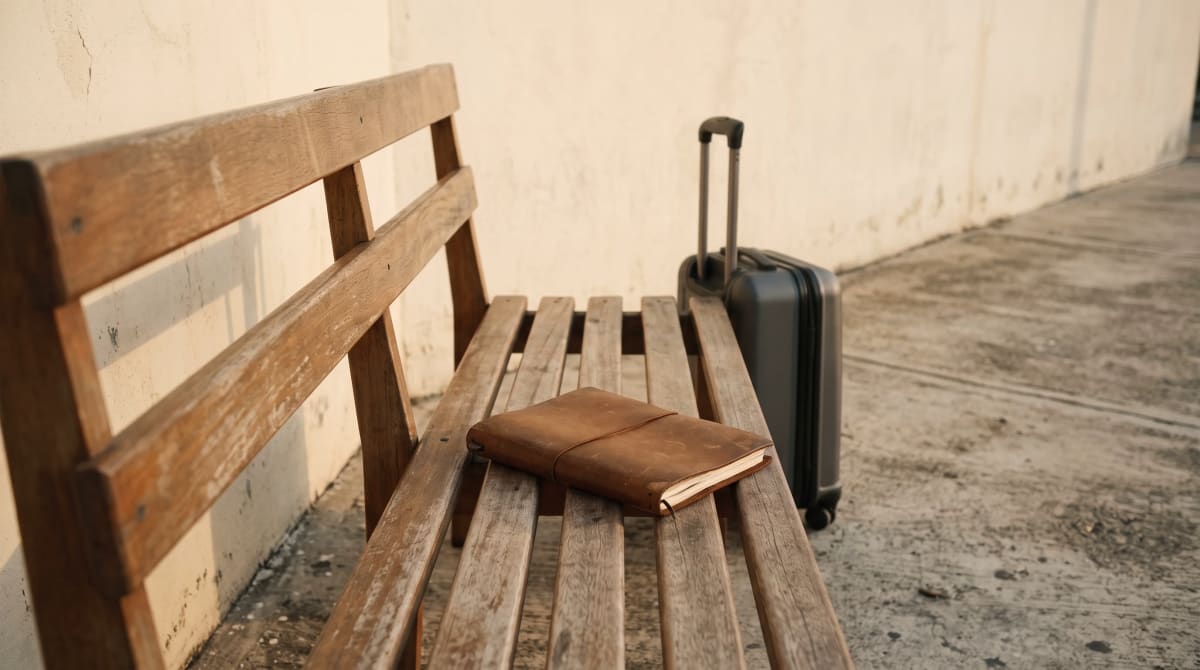 Closed notebook on an empty wooden bench at an airport curb with a small roller carry-on standing at the bench end