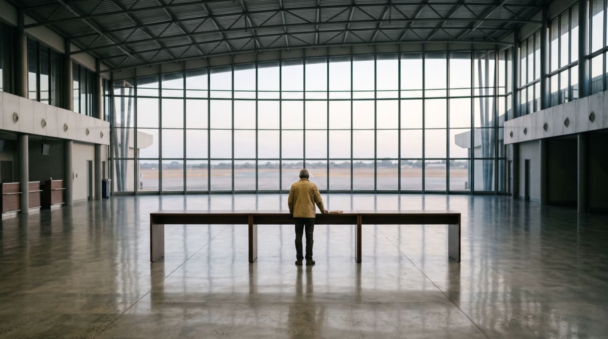 Man seen from behind at a long empty table in a large, empty airport terminal hall