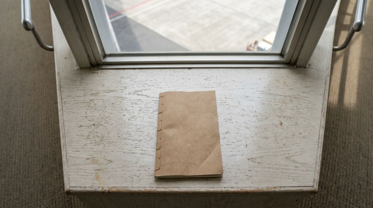 Closed notebook on an airport window ledge