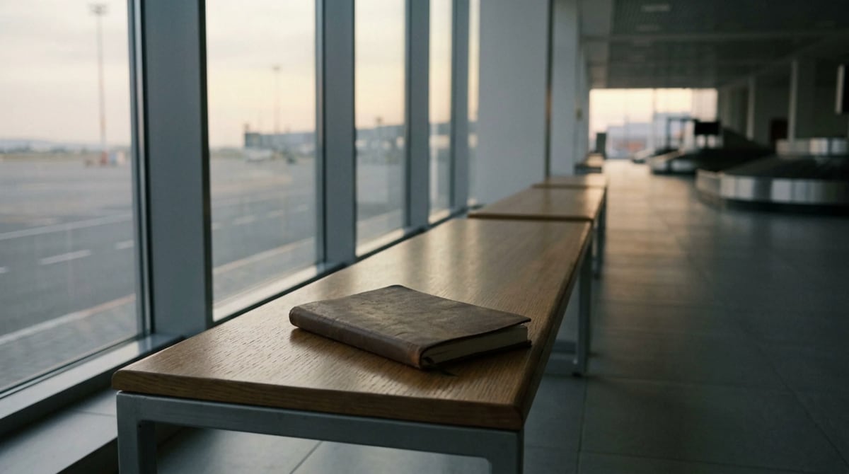 Closed notebook on a quiet bench beside an airport window