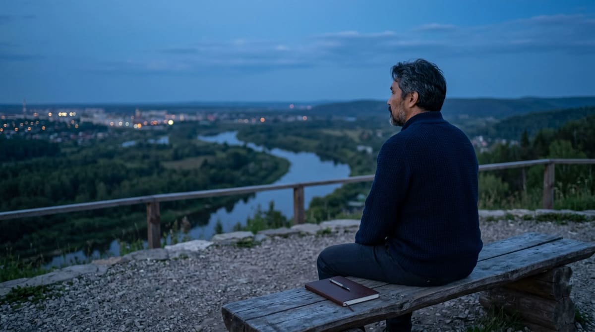 Man in a navy sweater on a wooden bench at a roadside overlook at blue hour, notebook on his lap, looking over the valley