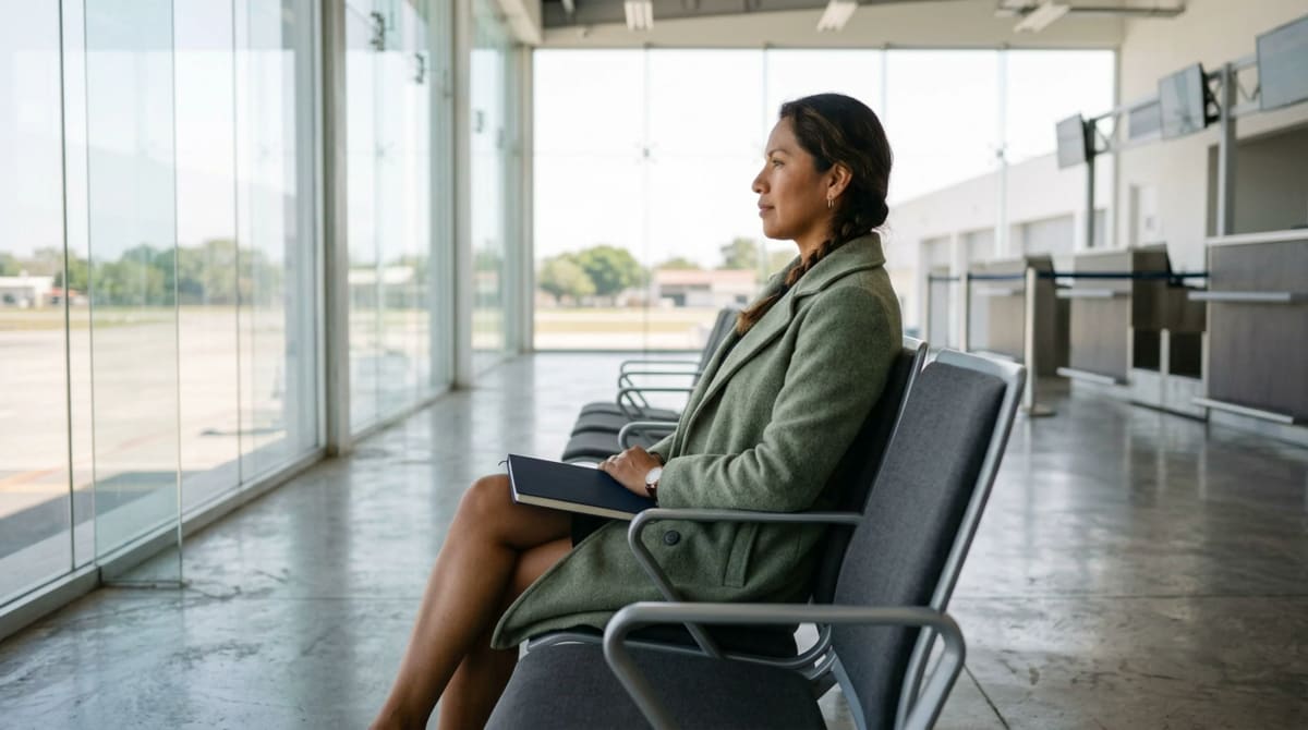 Woman in a sage coat seated in a row of chairs facing the glass wall of an airport rental car counter hall, notebook on knee