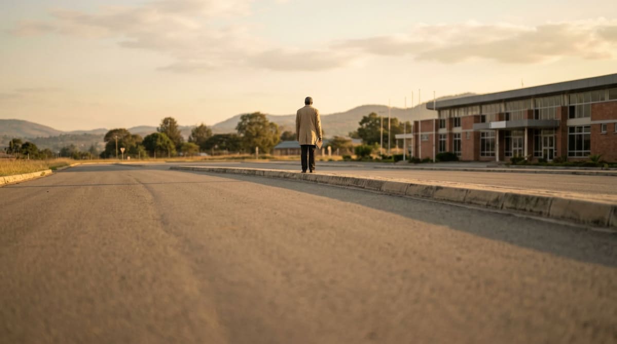Man in a sand overcoat standing at the kerb of an uncrowded airport curb in late light, seen from behind, notebook in hand