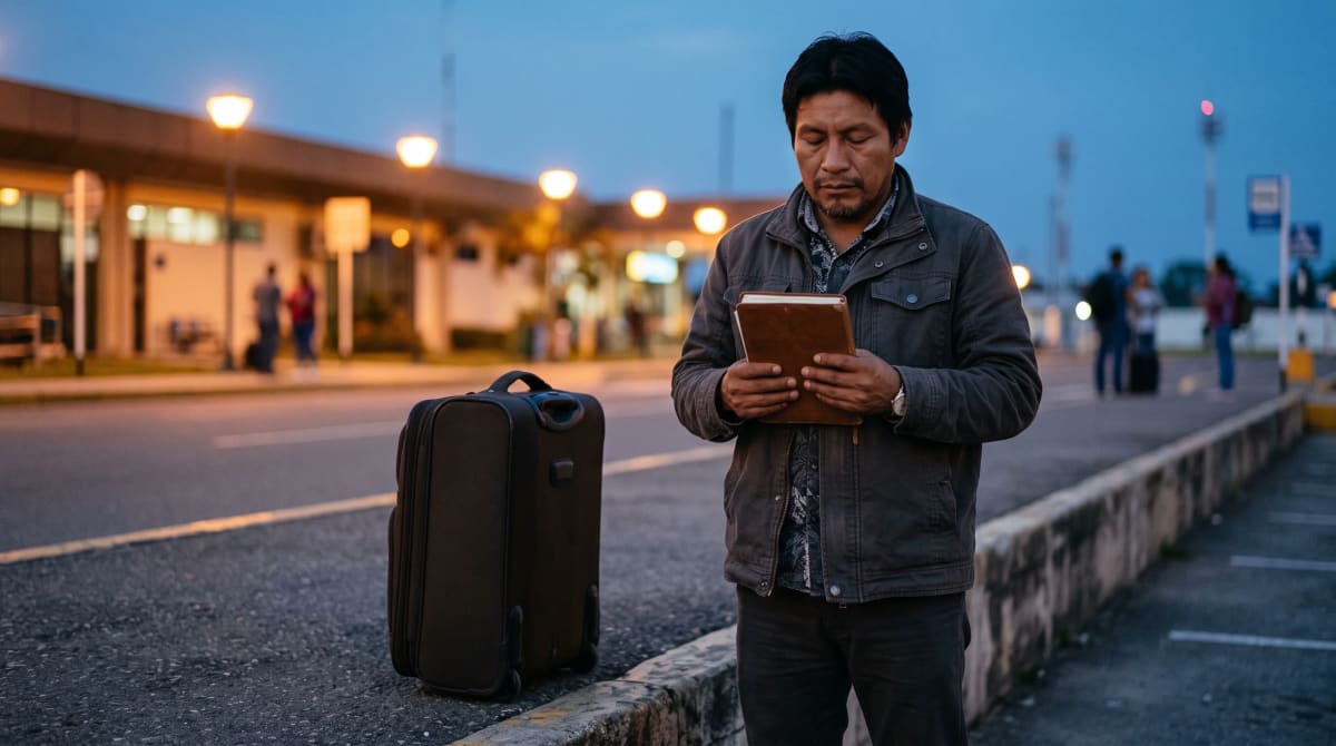 Man standing beside a closed suitcase at an uncrowded airport curb, looking down at a closed notebook at blue hour