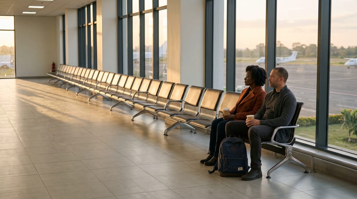 Two travelers seated side by side in a sparse airport gate seating row beside a tall window, each holding a paper cup