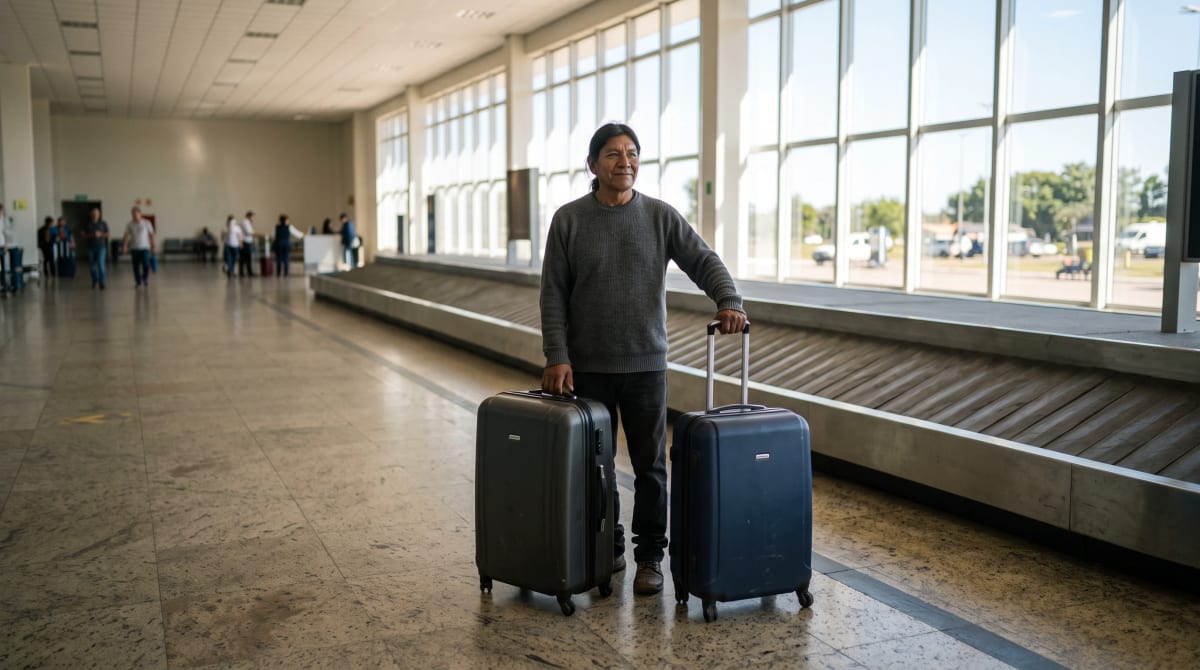 Man standing behind two closed hard-shell suitcases beside a stopped baggage claim belt in an uncrowded hall
