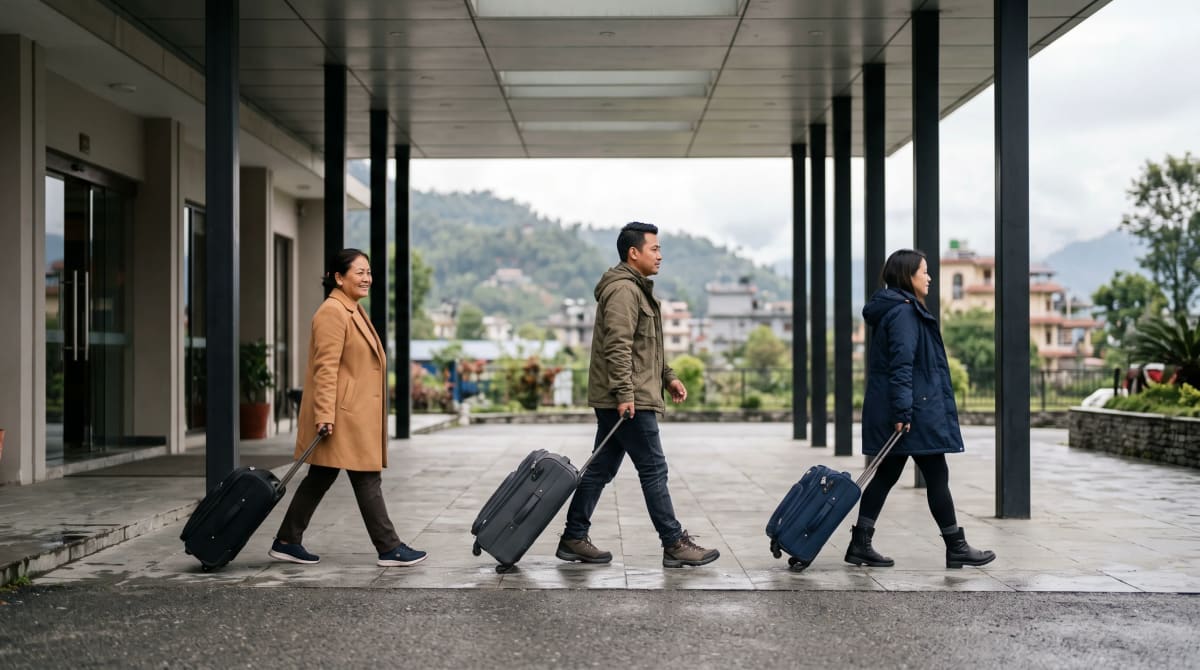 Three travelers walking under a hotel porte-cochère canopy, each pulling a closed roller suitcase