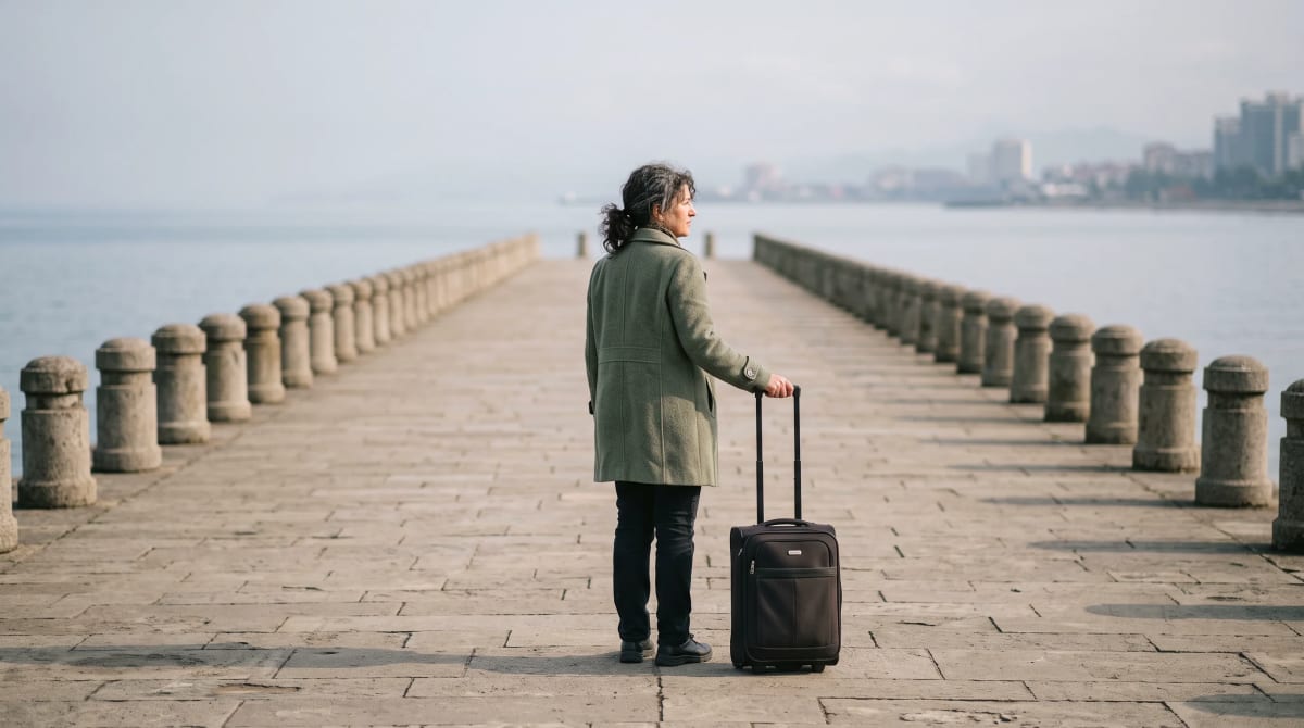 Traveler pausing on a wide empty waterfront promenade between rows of stone bollards with a small roller suitcase
