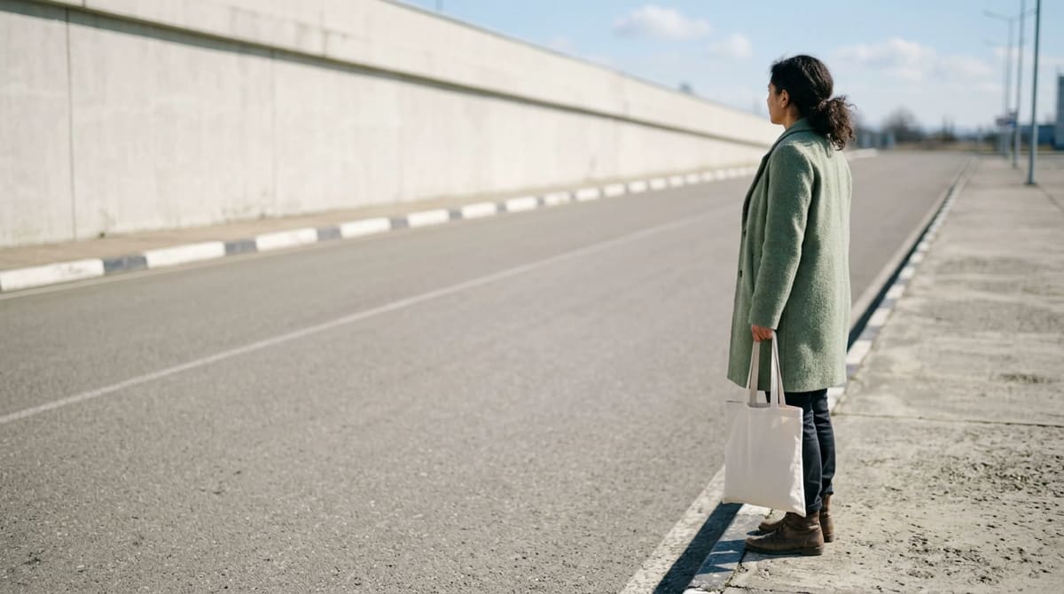 Woman in a sage coat at an uncrowded airport curb at noon with an empty canvas tote hanging from one hand