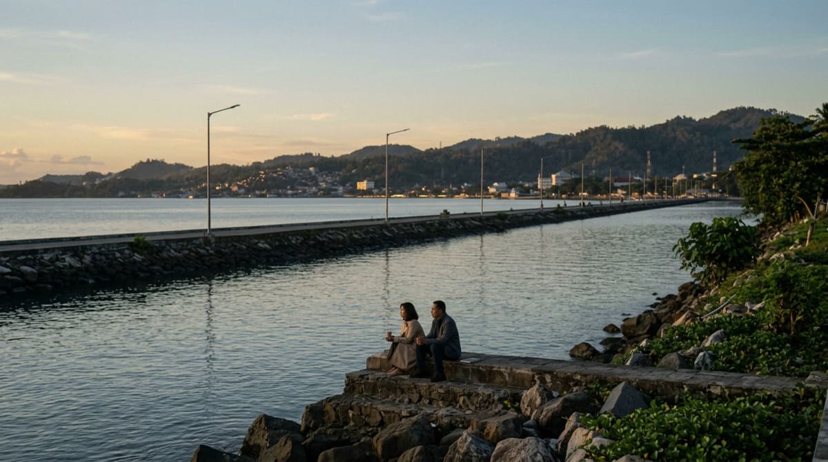 Two friends on a low stone step on a waterfront promenade at early evening, one holding a paper cup, notebook beside them