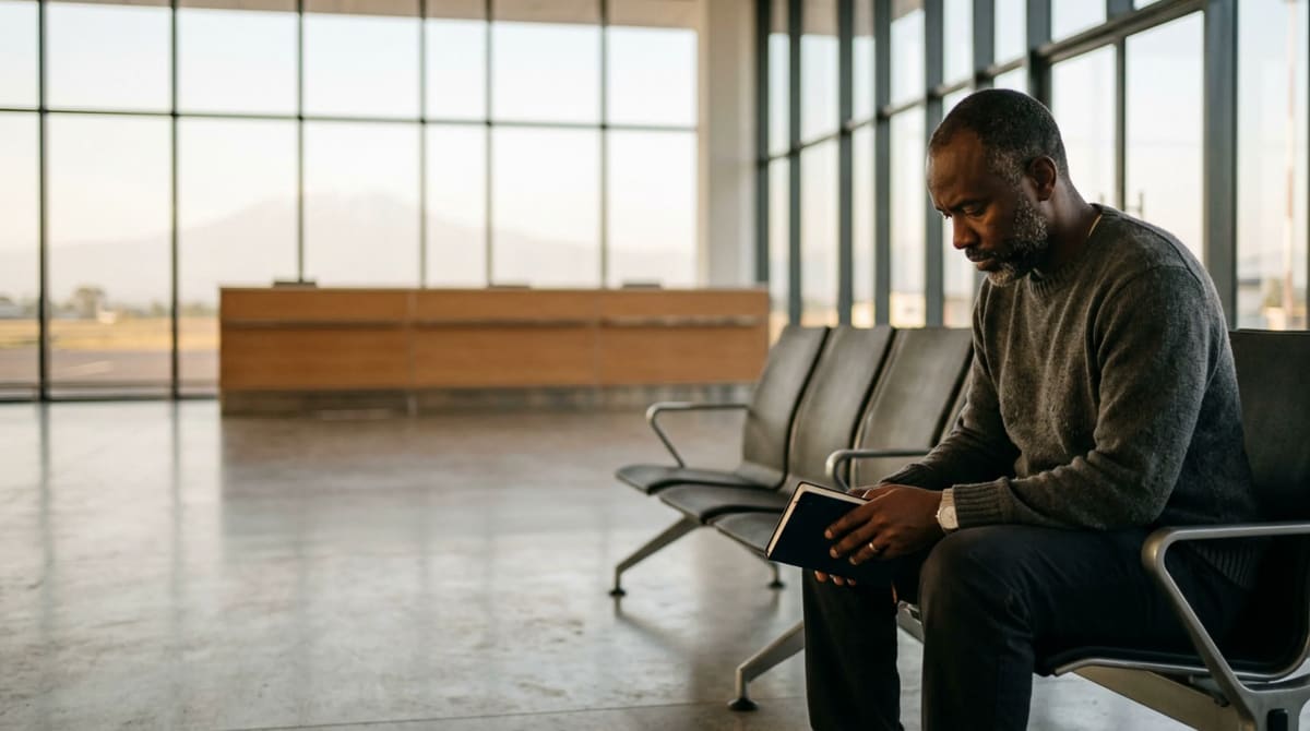 Man in a charcoal sweater seated in a rental car counter hall, head bowed over a closed notebook in low morning sun