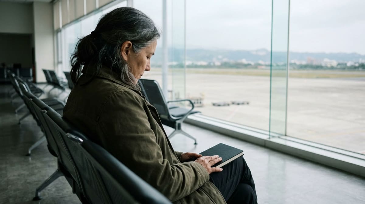Woman in an olive coat seated alone at a tall airport gate window, closed notebook on her lap, seen from behind