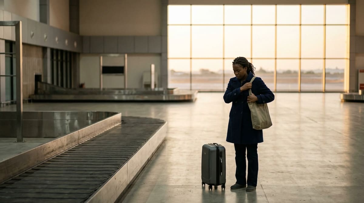Woman in a navy coat beside a stopped baggage belt with a small roller carry-on, adjusting a canvas tote strap
