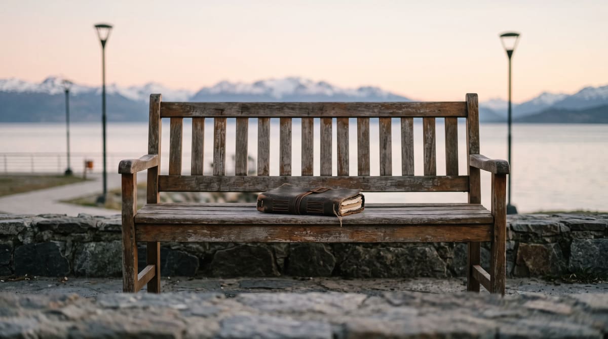 Single closed notebook on an empty waterfront bench at first light