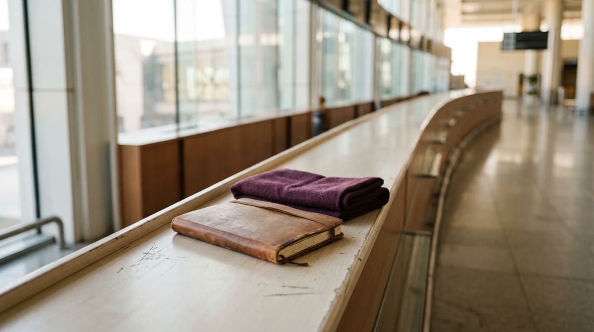 Closed notebook and a folded scarf on an empty rental-counter ledge in soft daylight