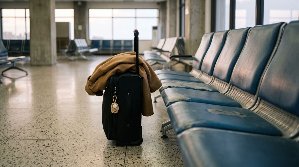 A folded jacket drapes over a carry-on beside an early-morning airport gate seat.