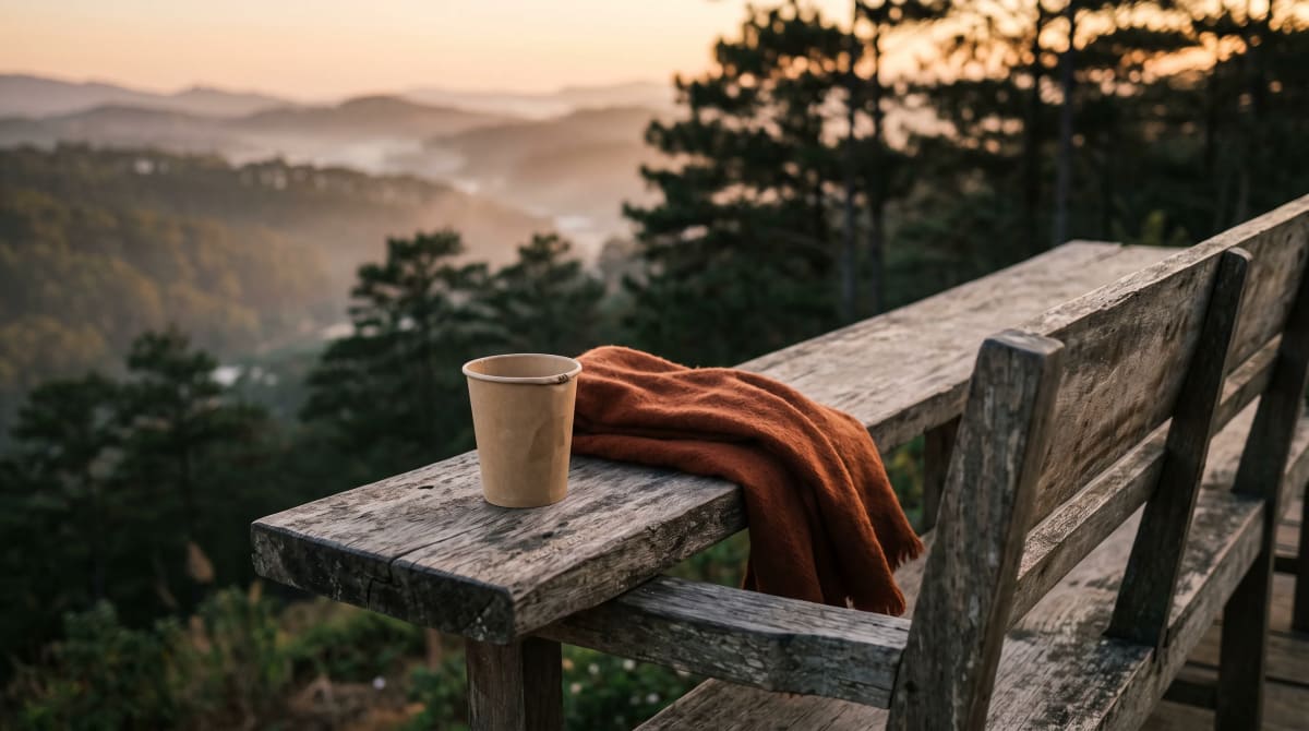 A paper cup and a folded rust scarf on the armrest of an empty bench at a roadside overlook above a pine valley at sunset