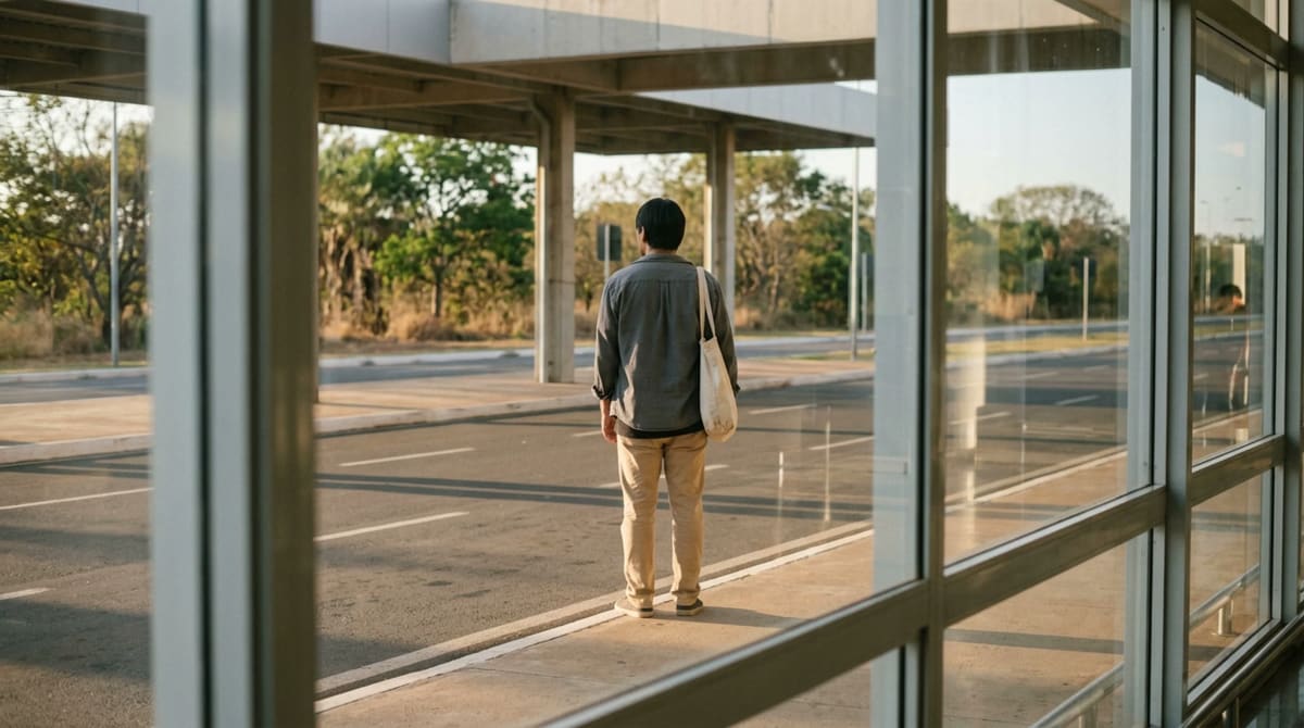 A traveler with a canvas tote waits at an arrivals curb for a ride.