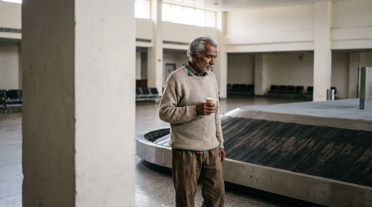 A traveler holding a paper cup waits beside a baggage carousel.