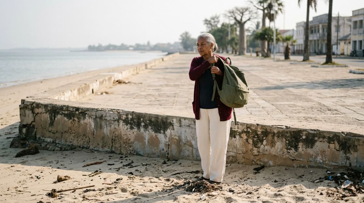 Woman in a burgundy cardigan swinging an olive backpack onto her shoulder at the low seawall of a quiet waterfront promenade