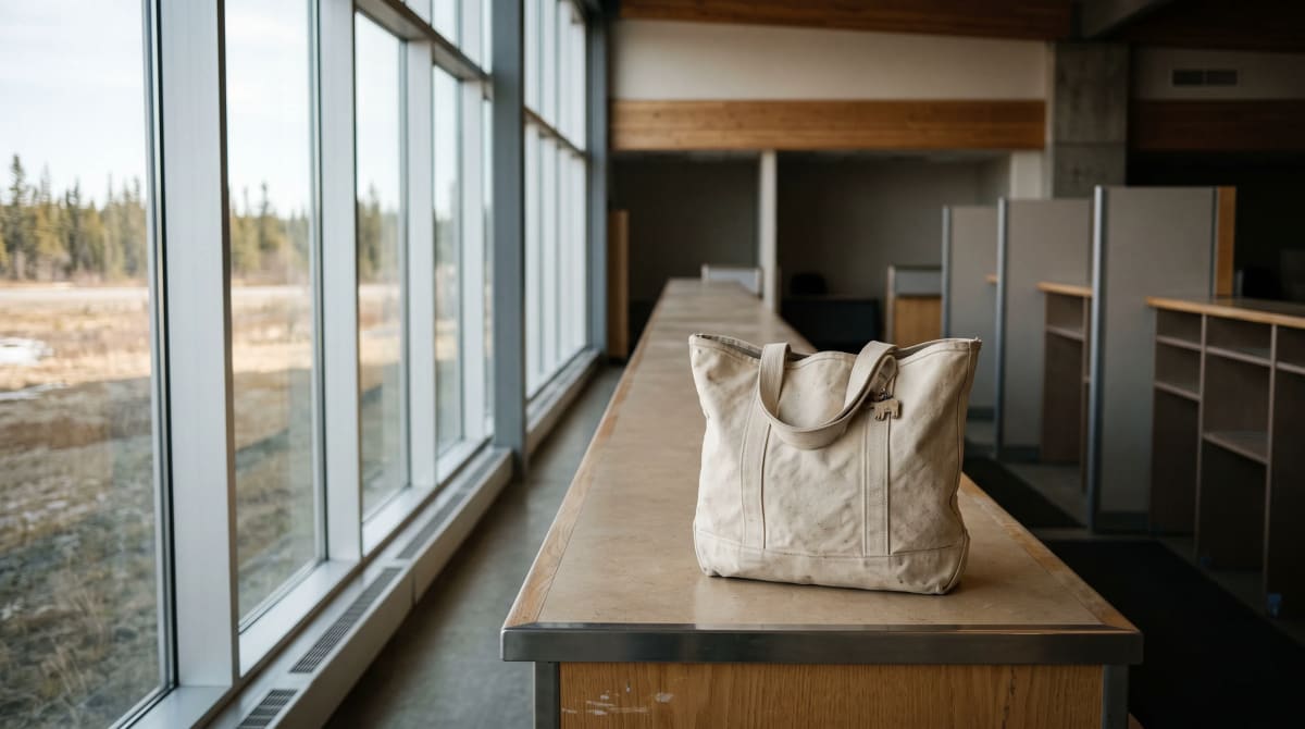 A natural canvas tote standing alone on the end of an empty airport rental car counter beside a tall glass wall